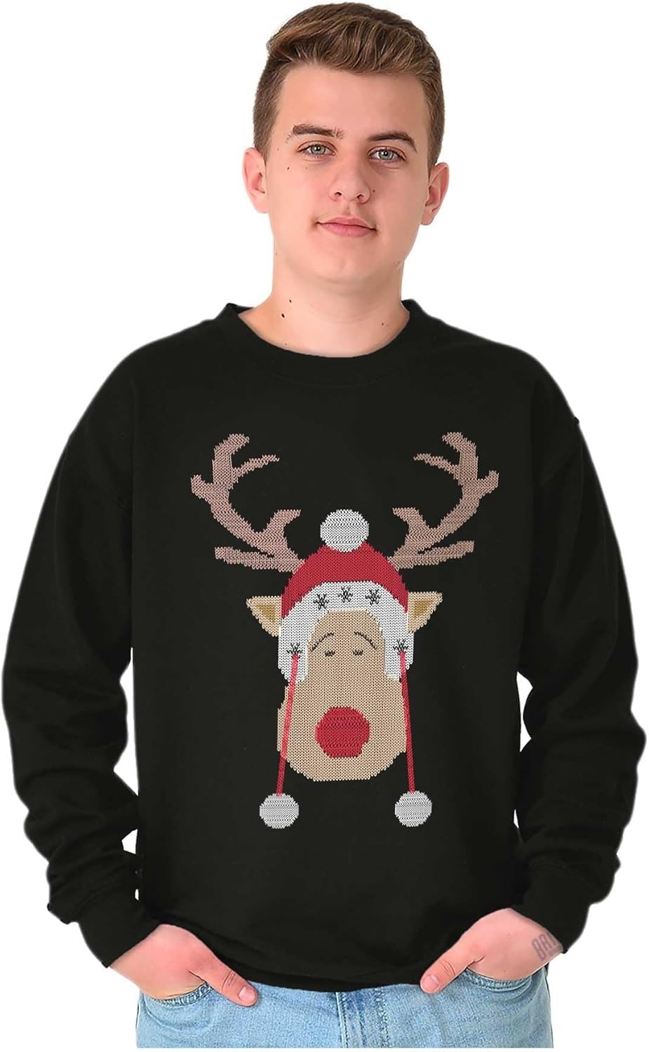 image:imageBrisco Brands Christmas Rudolph Reindeer Stitch Sweatshirt for Men or WomenBlack
