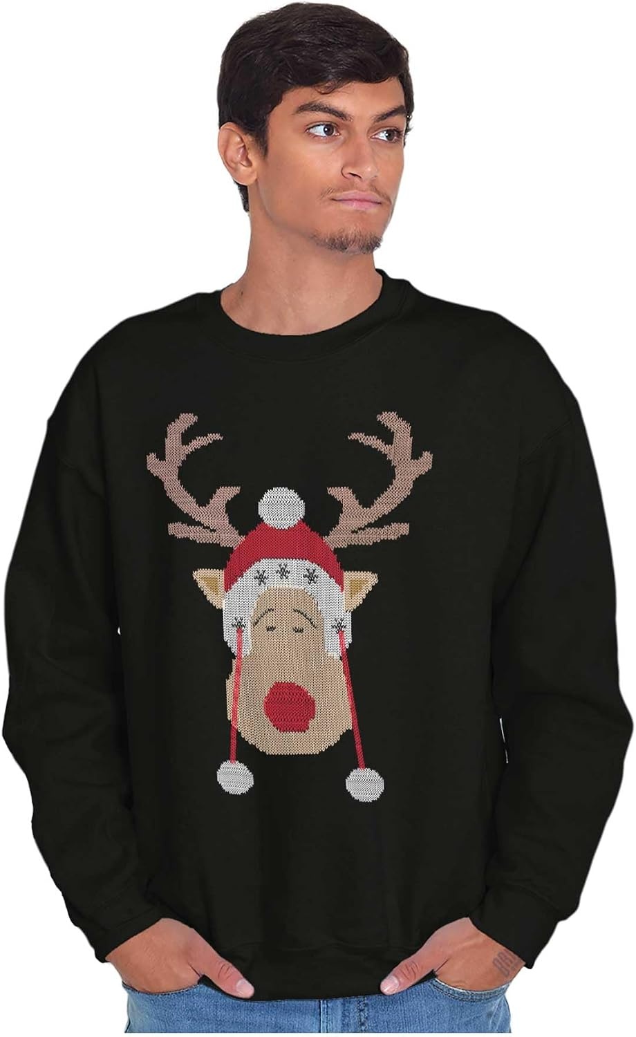 image:imageBrisco Brands Christmas Rudolph Reindeer Stitch Sweatshirt for Men or WomenBlack