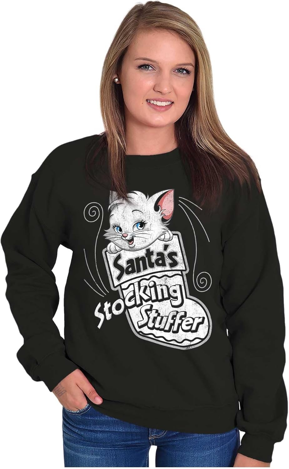 image:imageBrisco Brands Christmas Santas Stocking Stuffer Cat Women Crewneck SweatshirtBlack