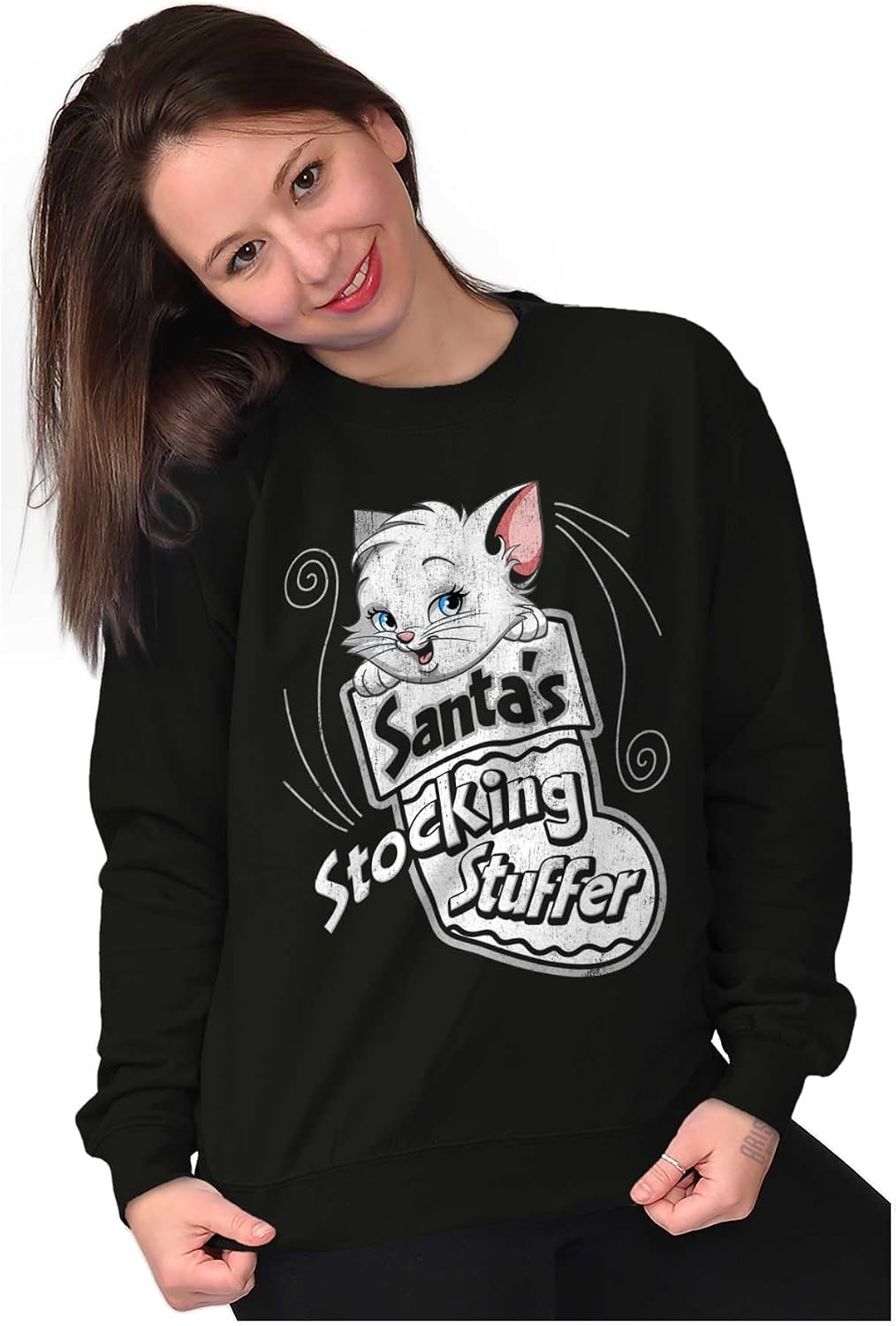 image:imageBrisco Brands Christmas Santas Stocking Stuffer Cat Women Crewneck SweatshirtBlack