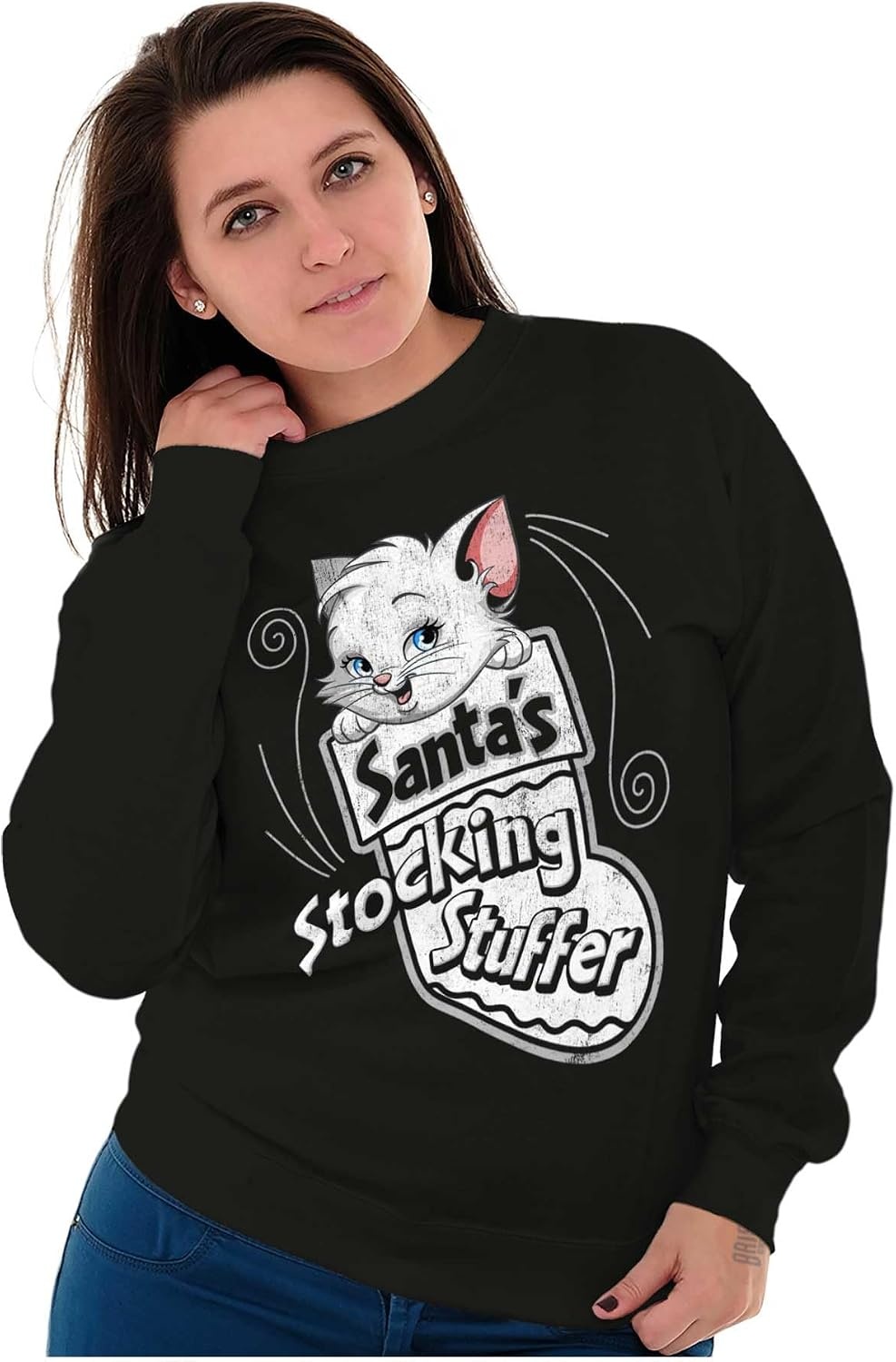 image:imageBrisco Brands Christmas Santas Stocking Stuffer Cat Women Crewneck SweatshirtBlack