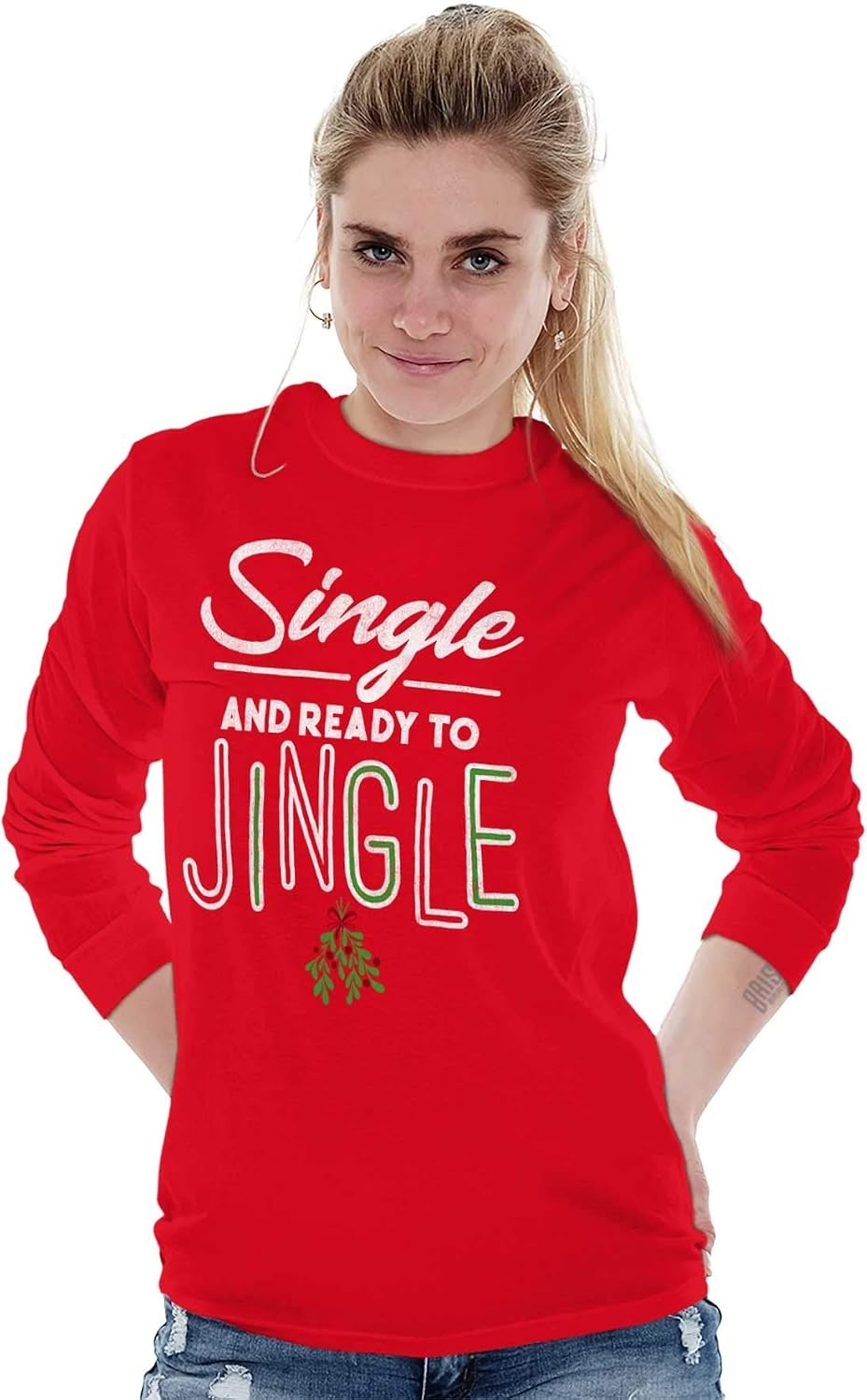 image:imageBrisco Brands Christmas Single and Ready to Jingle Long Sleeve Tshirt Men WomenRed