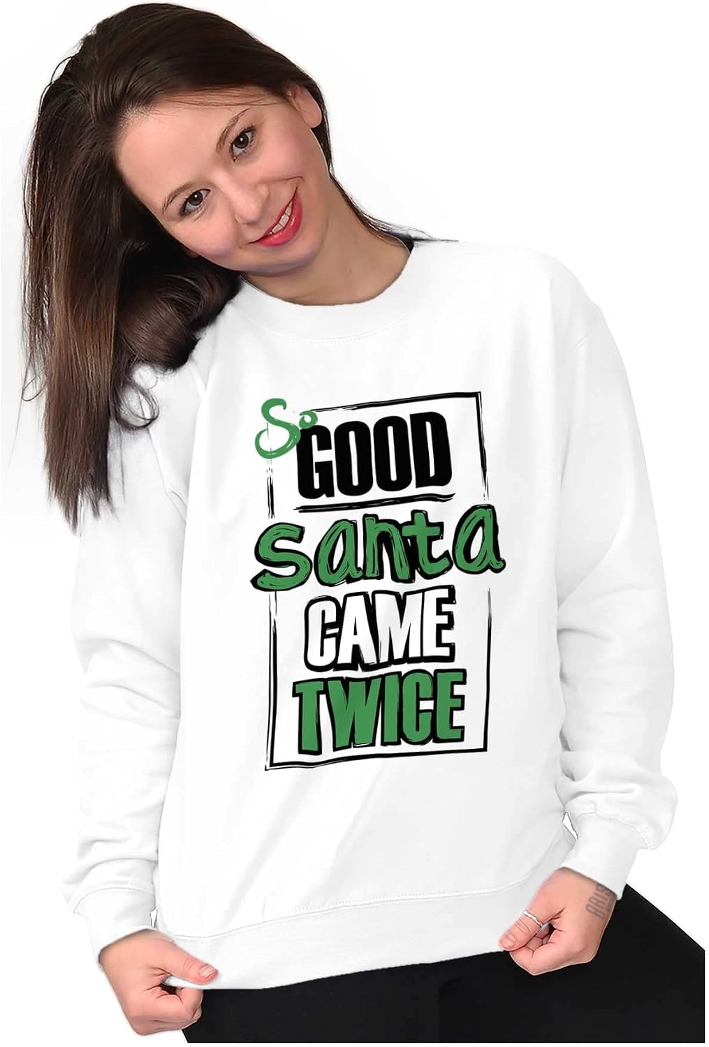 image:imageBrisco Brands Christmas So Good Santa Came Twice Women Crewneck SweatshirtWhite