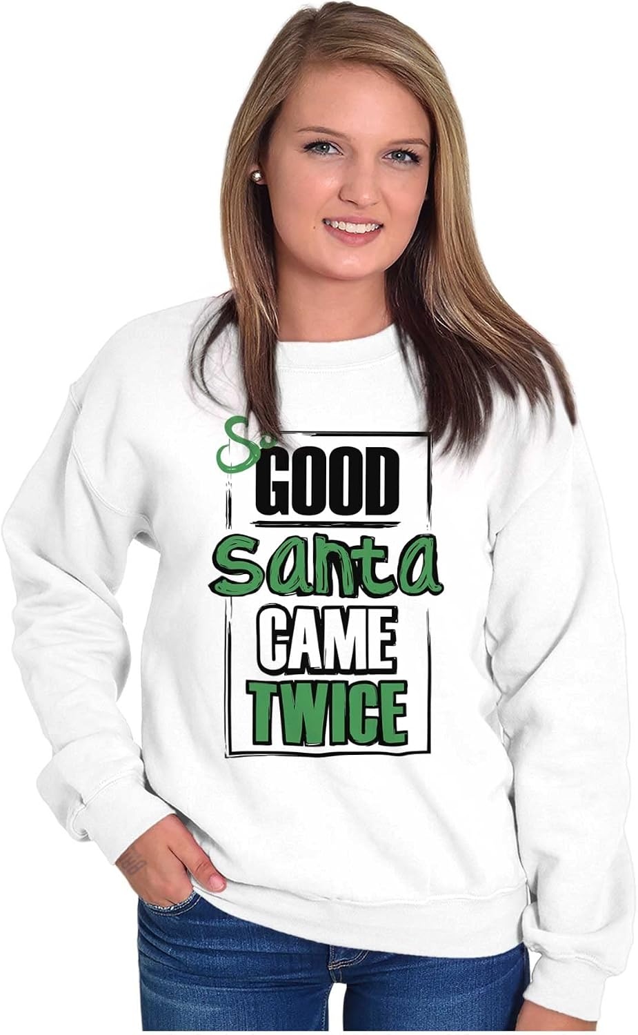image:imageBrisco Brands Christmas So Good Santa Came Twice Women Crewneck SweatshirtWhite