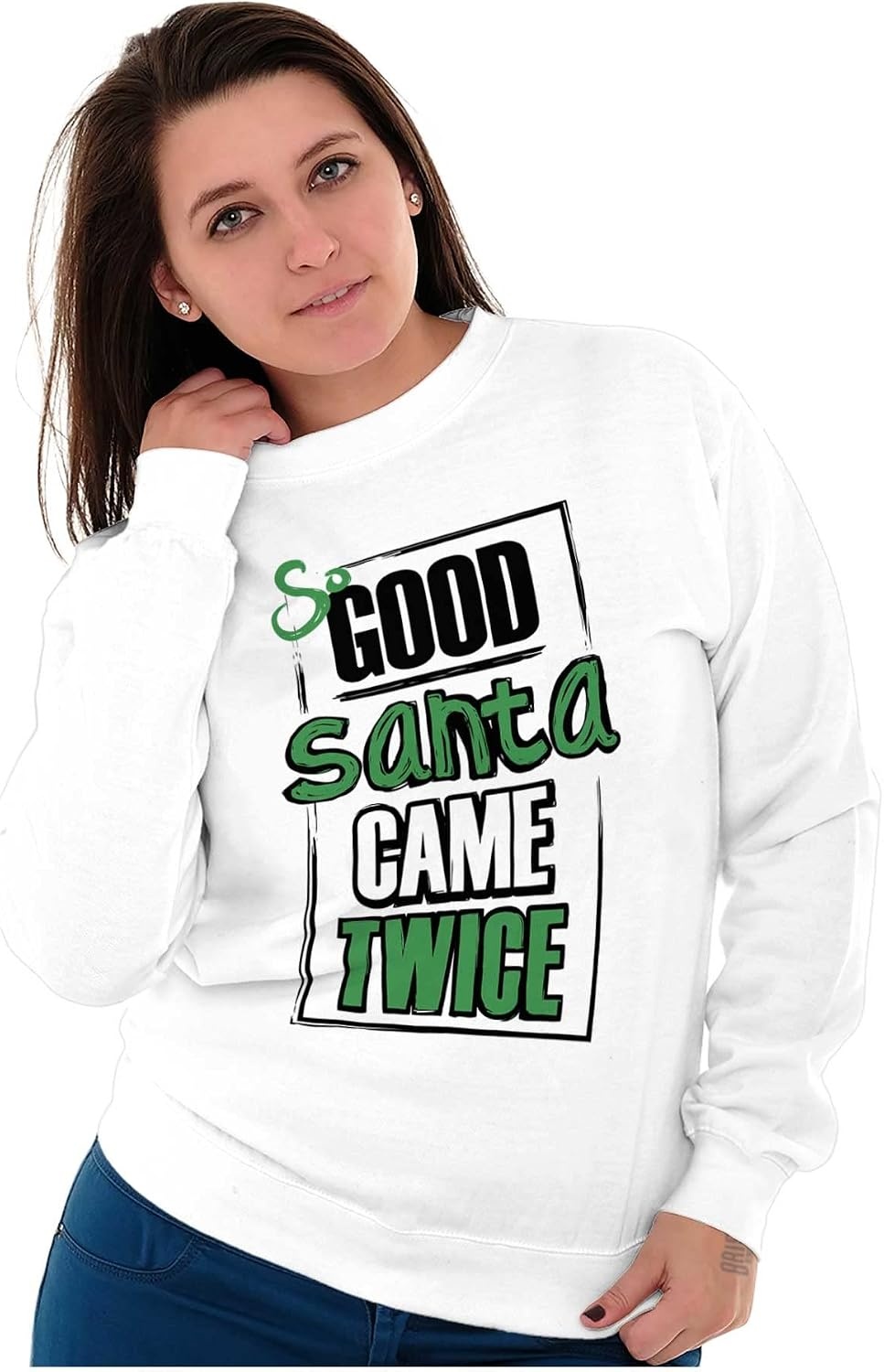 image:imageBrisco Brands Christmas So Good Santa Came Twice Women Crewneck SweatshirtWhite