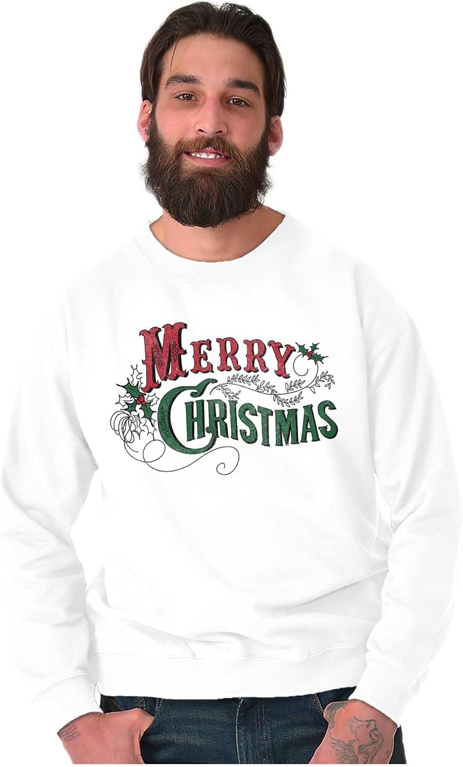 image:imageBrisco Brands Classic Merry Christmas Mistletoe Sweatshirt for Men or WomenWhite