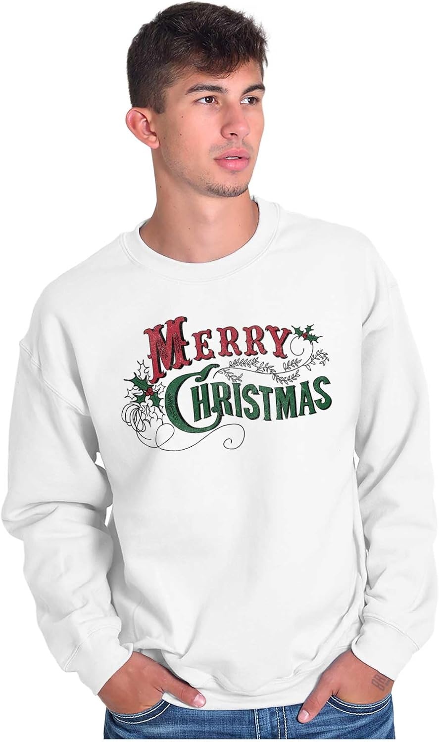 image:imageBrisco Brands Classic Merry Christmas Mistletoe Sweatshirt for Men or WomenWhite
