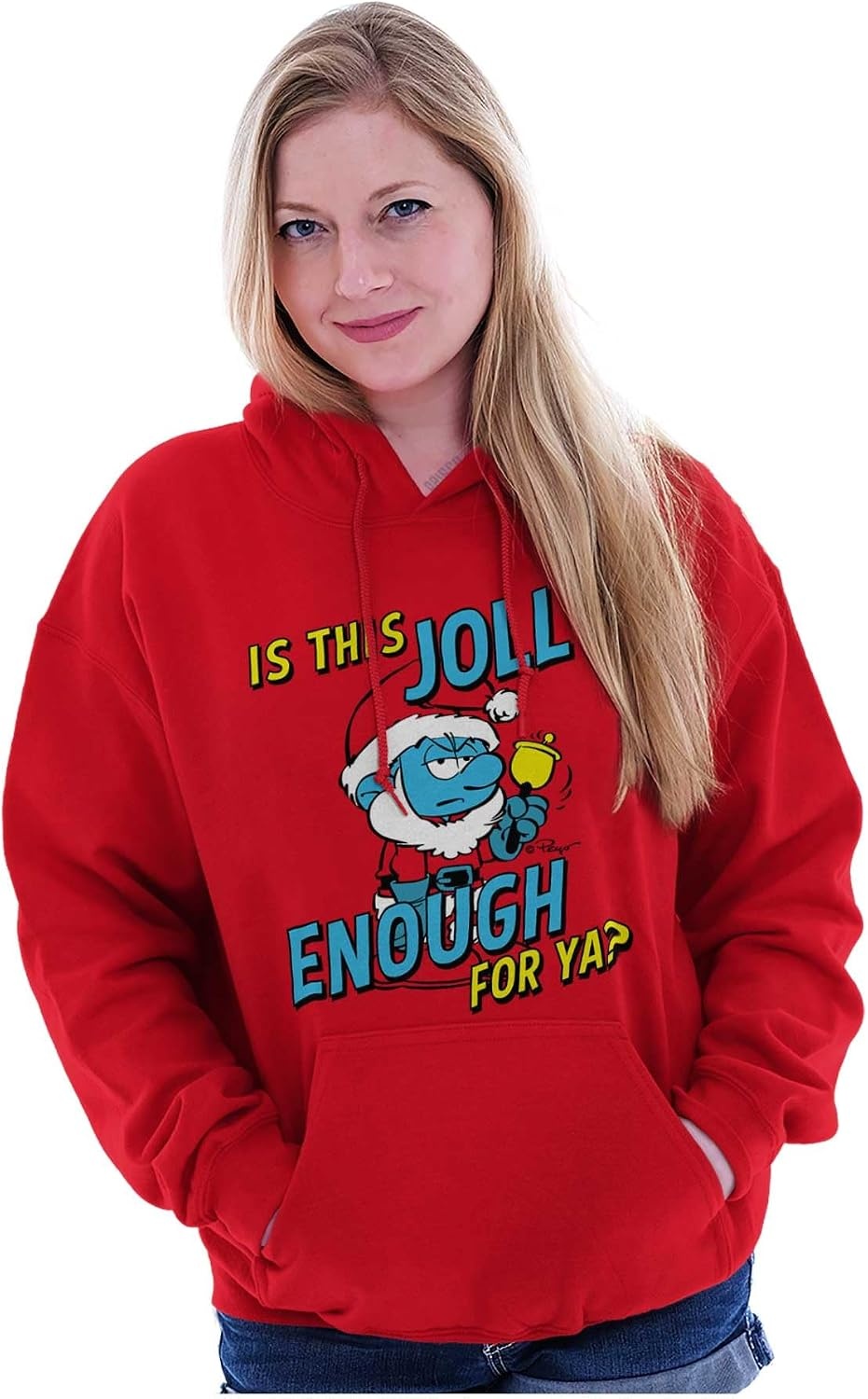 image:imageBrisco Brands Grumpy Smurf Jolly Enough Xmas Santa Hoodie Sweatshirt Women MenRed