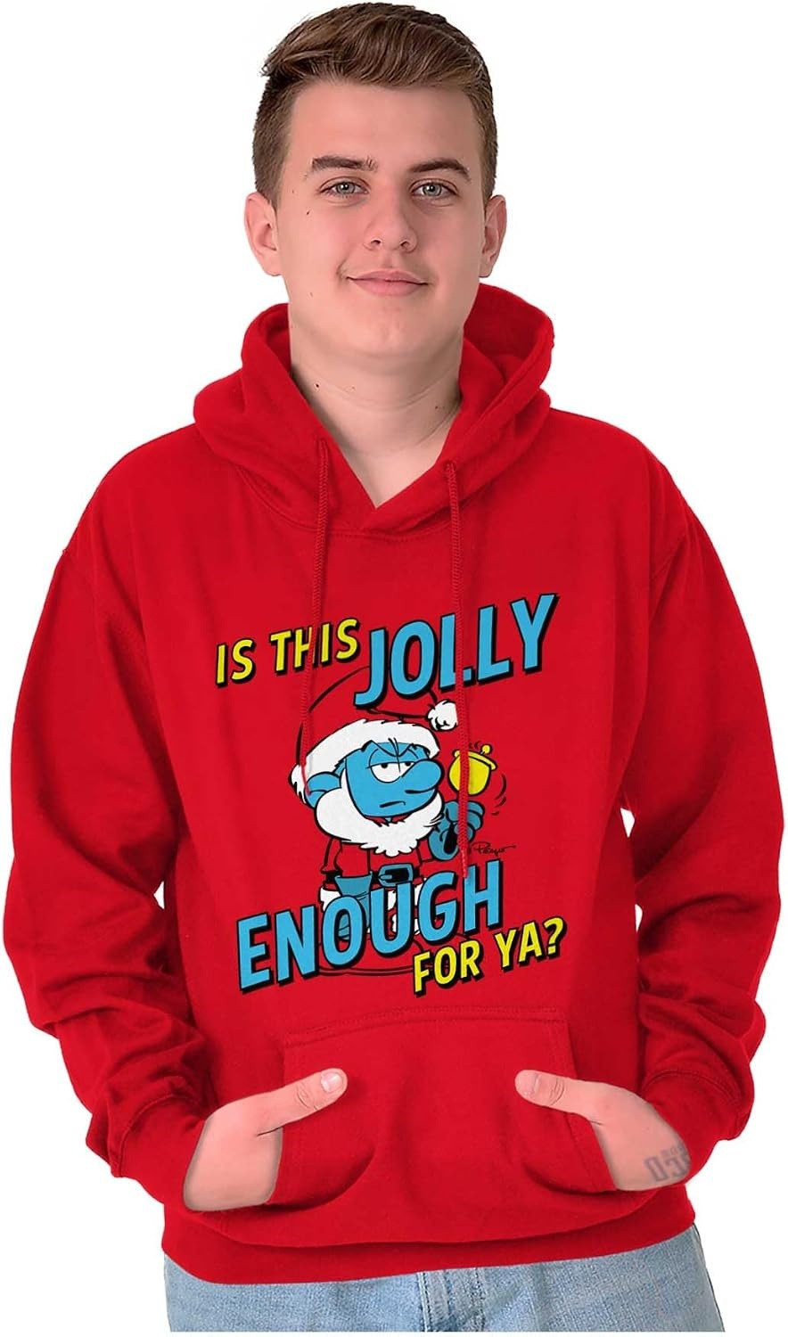 image:imageBrisco Brands Grumpy Smurf Jolly Enough Xmas Santa Hoodie Sweatshirt Women MenRed
