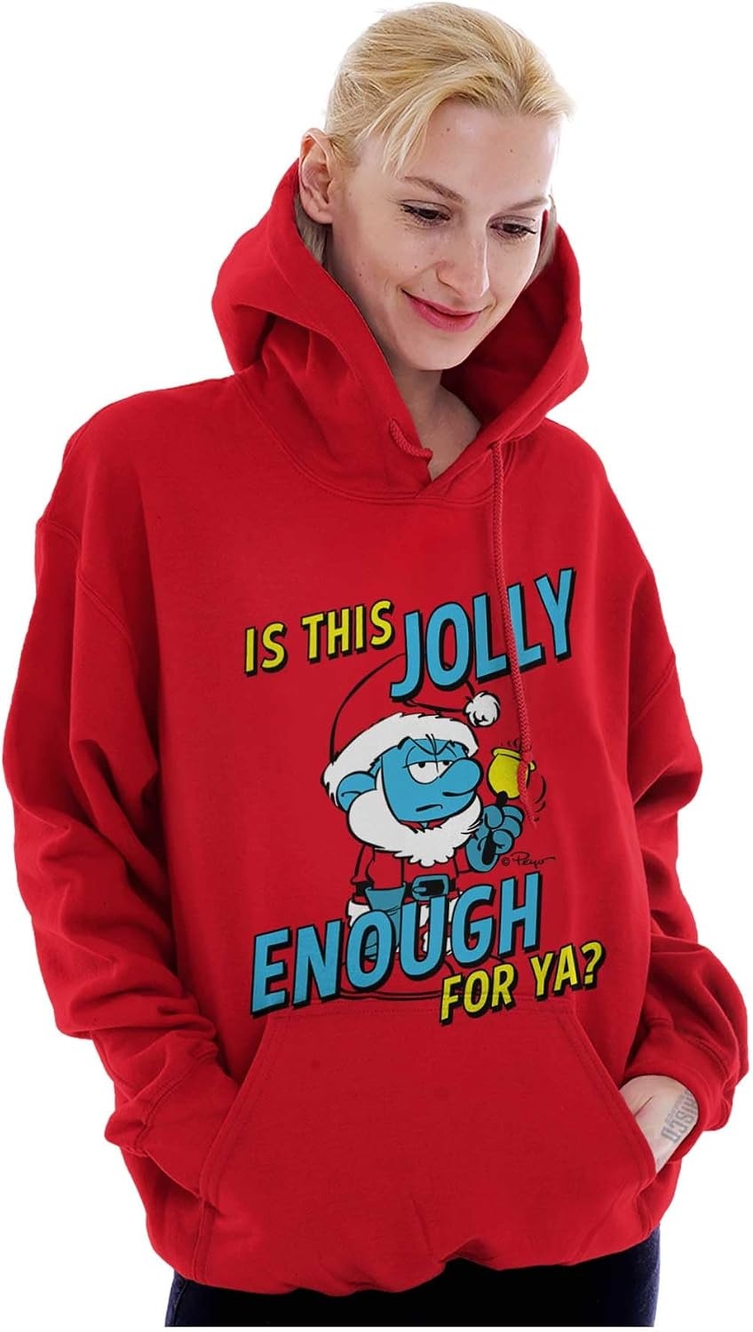 image:imageBrisco Brands Grumpy Smurf Jolly Enough Xmas Santa Hoodie Sweatshirt Women MenRed