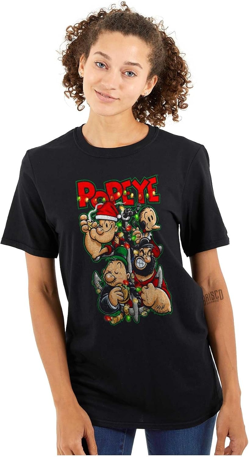 image:imageBrisco Brands Popeye Christmas Lights Crew Cartoon Graphic T Shirt Men or WomenBlack