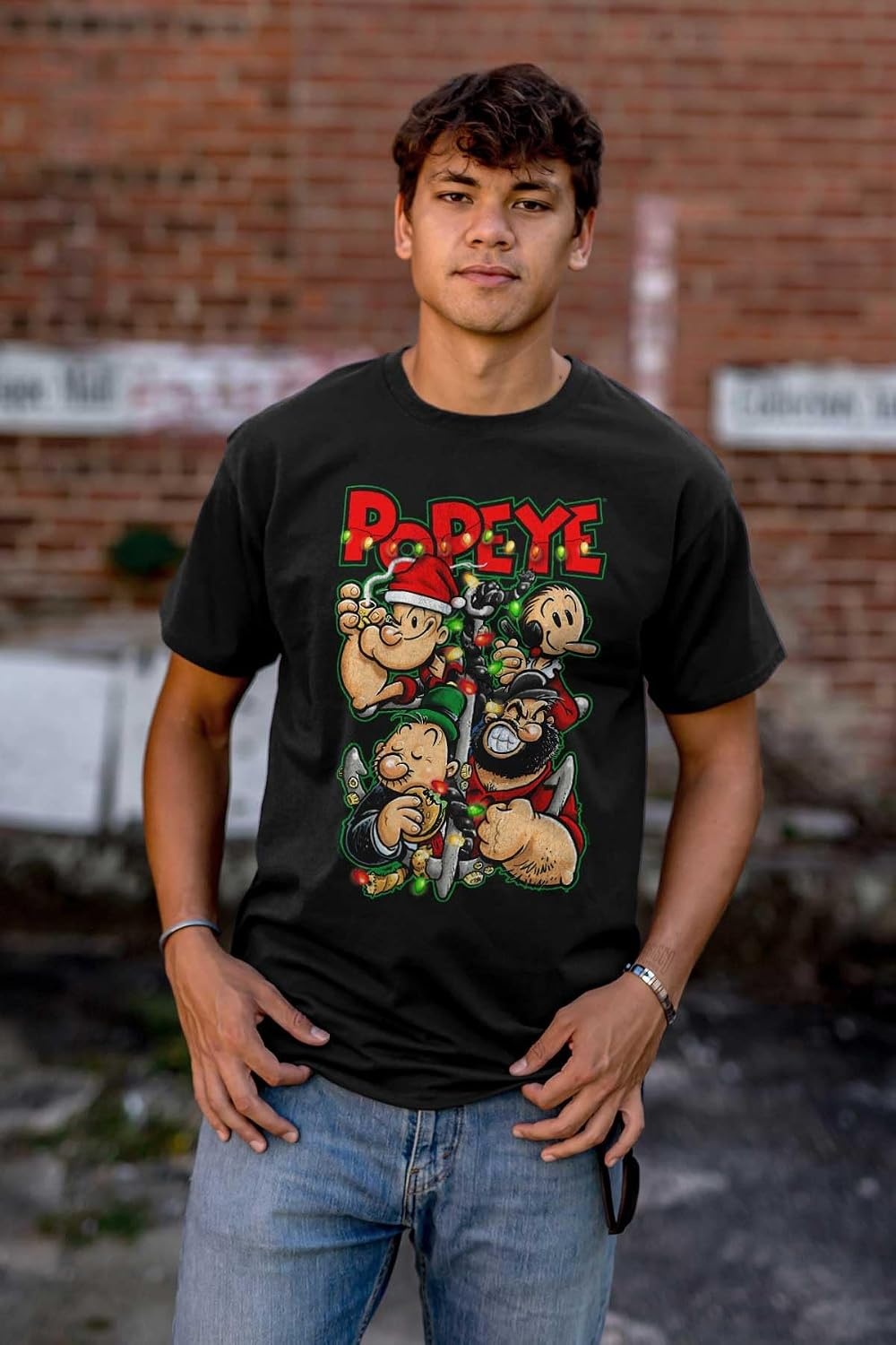 image:imageBrisco Brands Popeye Christmas Lights Crew Cartoon Graphic T Shirt Men or WomenBlack