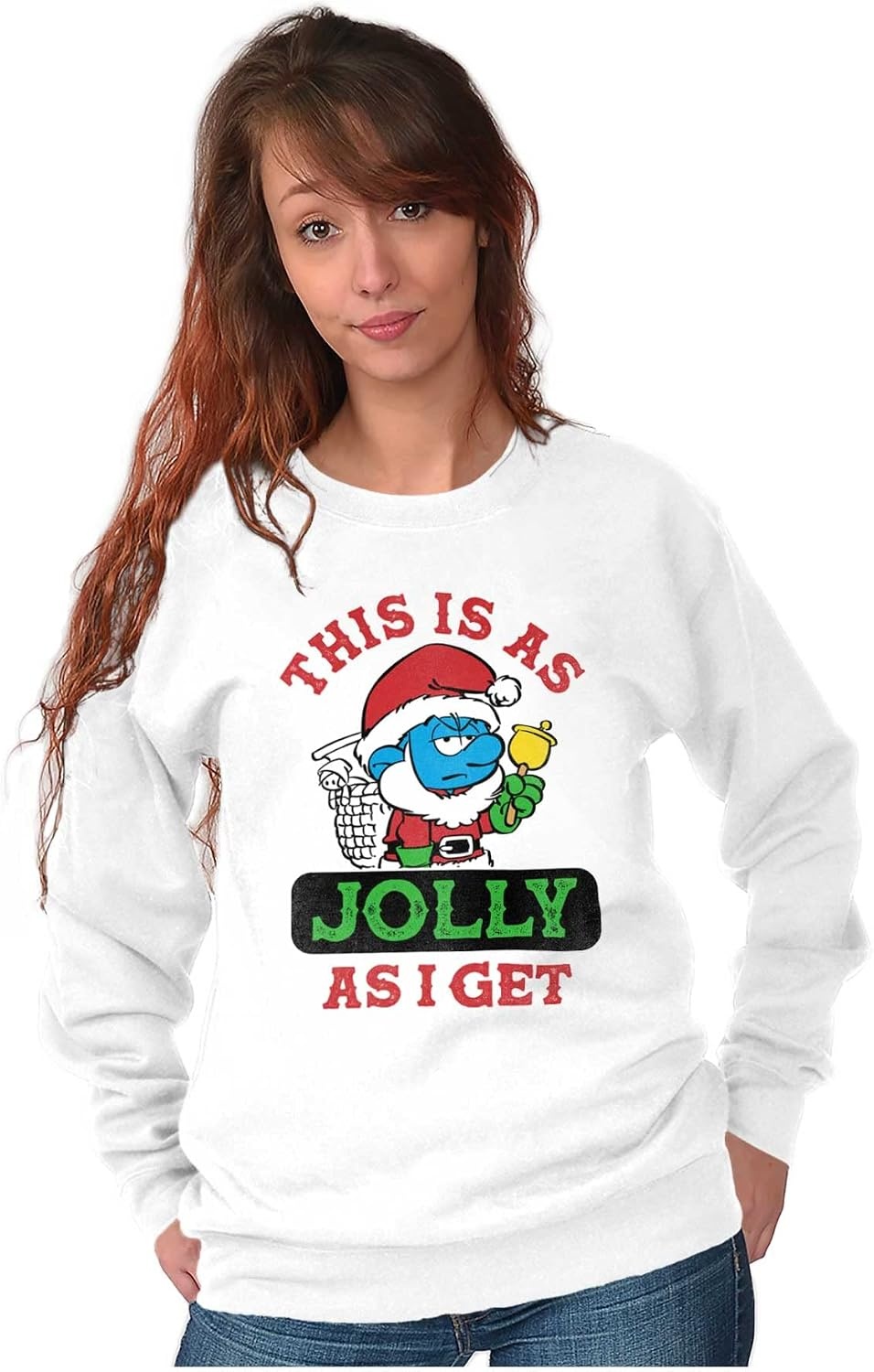 image:imageBrisco Brands Santa Grumpy Smurf Jolly Christmas Sweatshirt for Men or WomenWhite