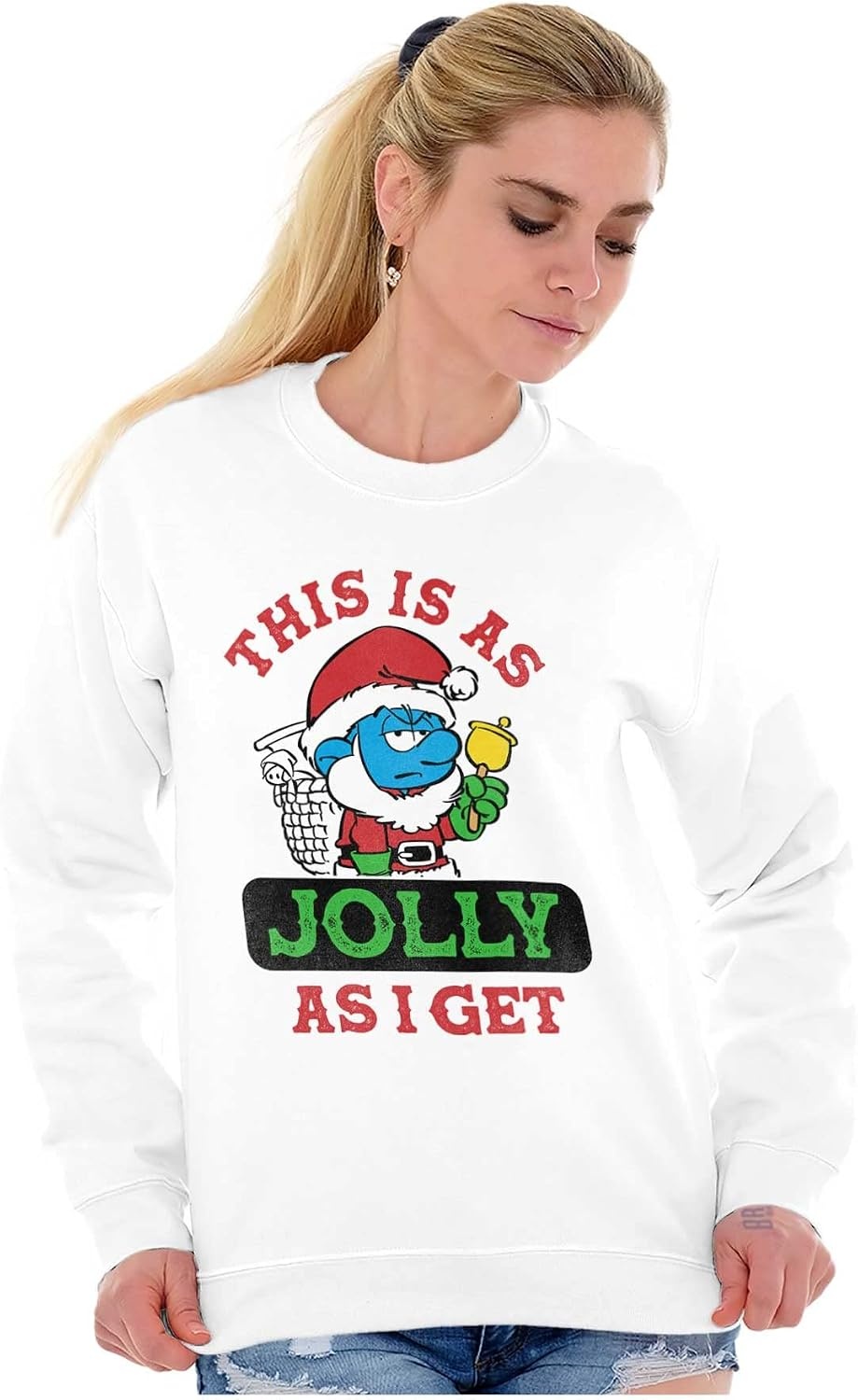 image:imageBrisco Brands Santa Grumpy Smurf Jolly Christmas Sweatshirt for Men or WomenWhite