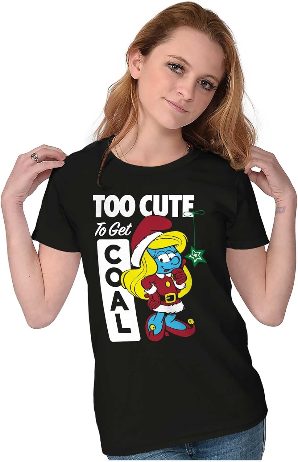 image:imageBrisco Brands Santa Smurfette Too Cute Christmas Womens Slim Fit Graphic TeeBlack