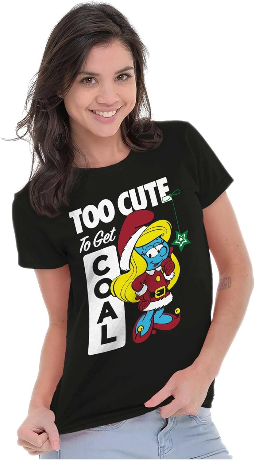image:imageBrisco Brands Santa Smurfette Too Cute Christmas Womens Slim Fit Graphic TeeBlack