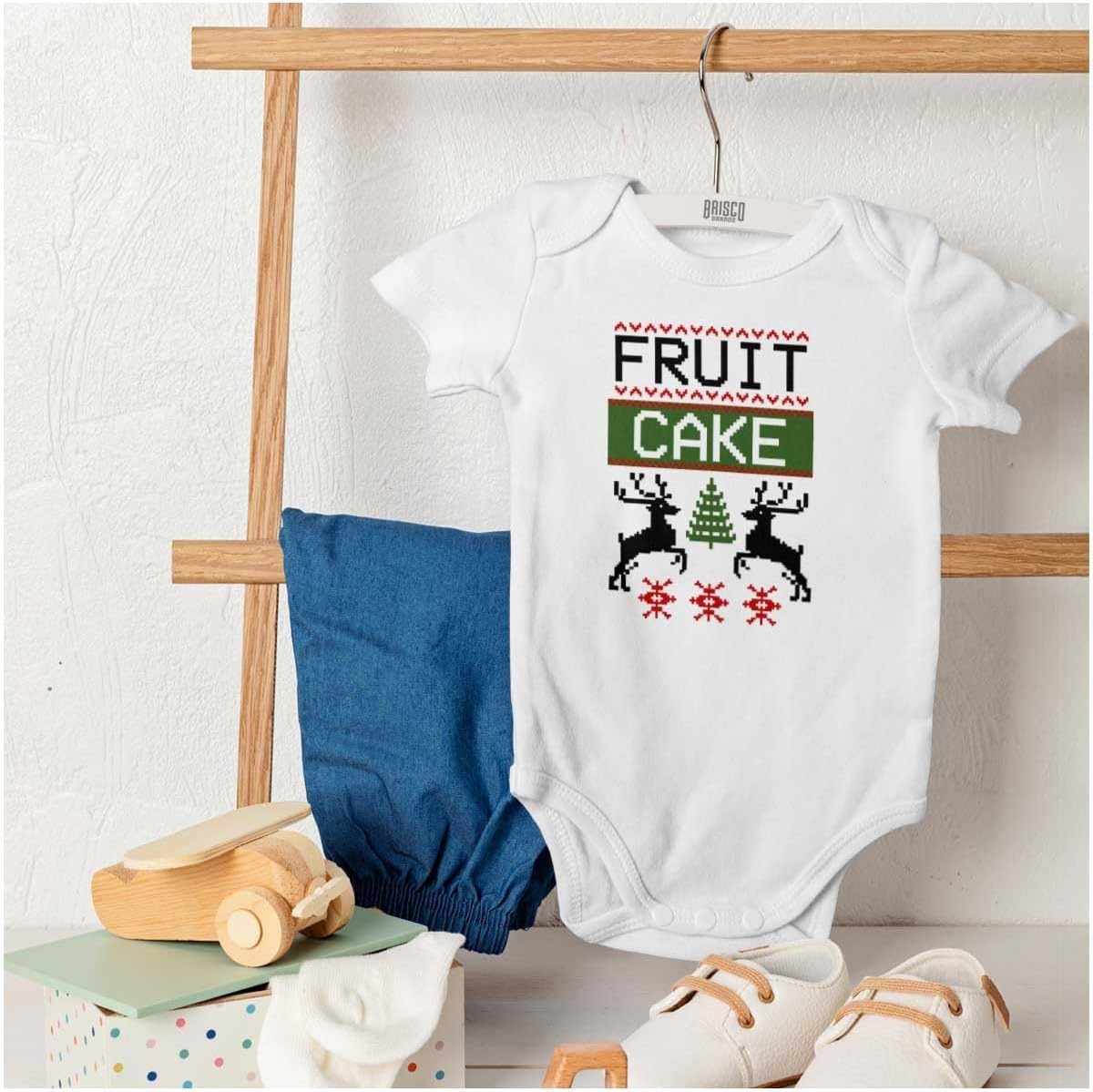 image:imageBrisco Brands Ugly Christmas Fruit Cake Pattern Baby Romper Boys or GirlsWhite
