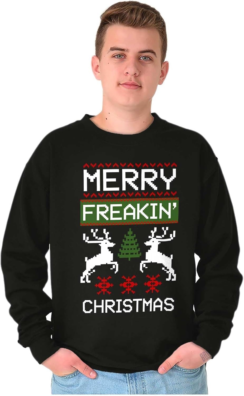 image:imageBrisco Brands Ugly Merry Freakin Christmas Pattern Sweatshirt for Men or WomenBlack