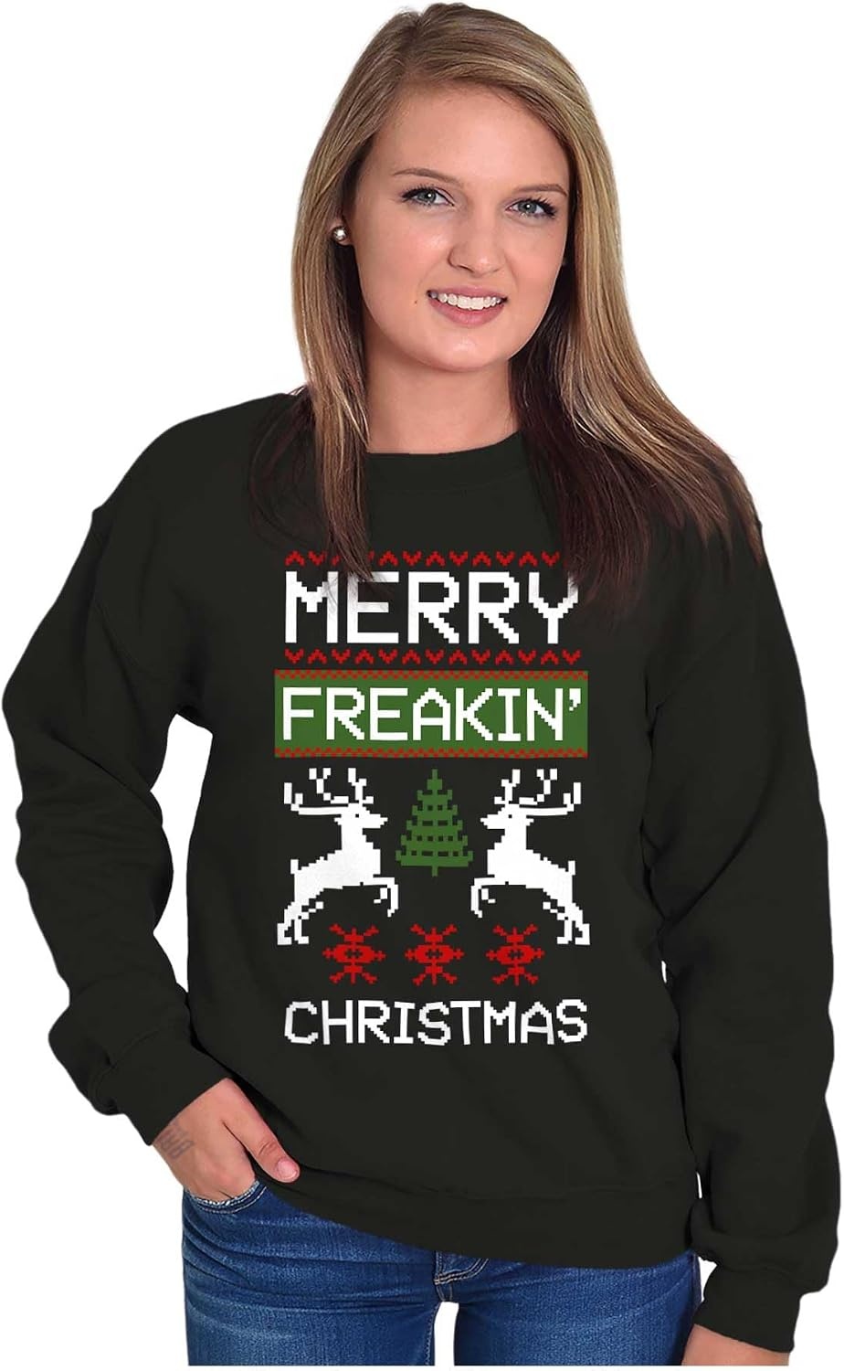 image:imageBrisco Brands Ugly Merry Freakin Christmas Pattern Sweatshirt for Men or WomenBlack