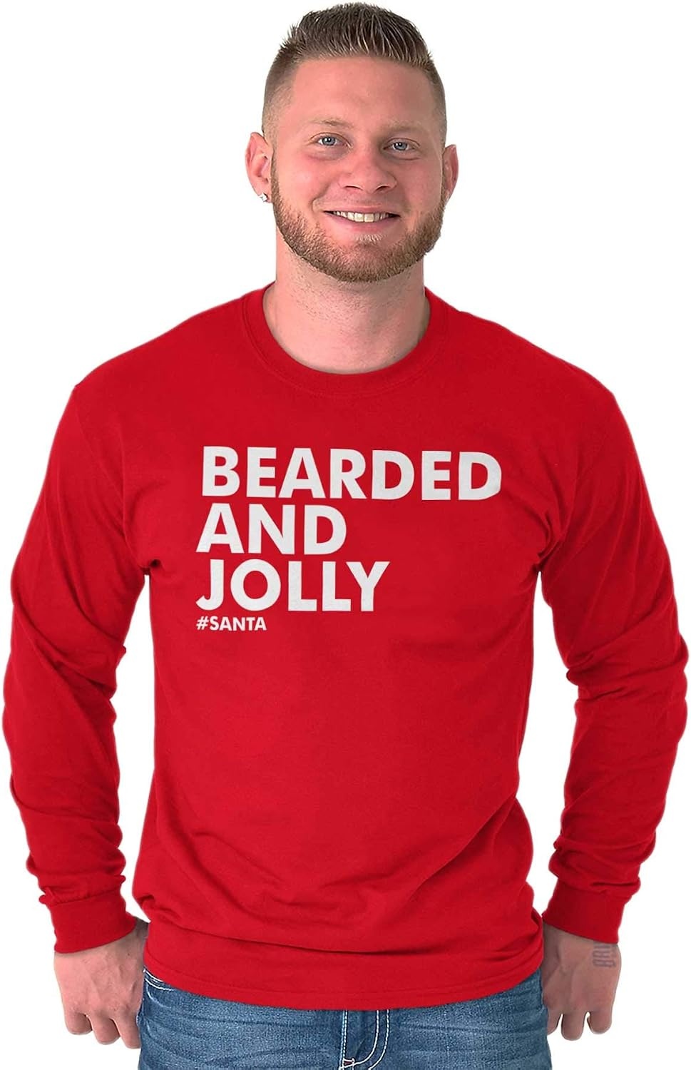 image:imageBrisco Brands Xmas Bearded and Jolly Hashtag Santa Mens Long Sleeve Tee T ShirtRed