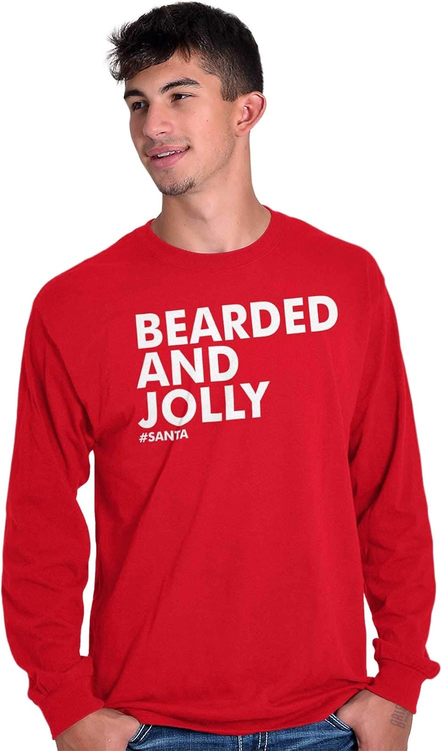 image:imageBrisco Brands Xmas Bearded and Jolly Hashtag Santa Mens Long Sleeve Tee T ShirtRed