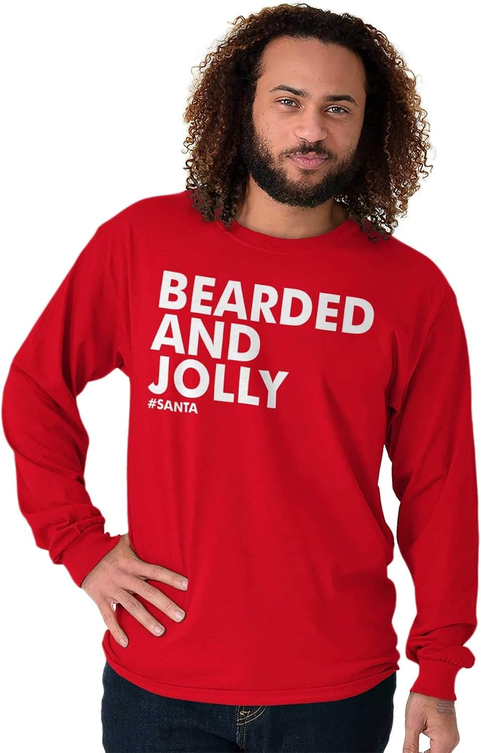 image:imageBrisco Brands Xmas Bearded and Jolly Hashtag Santa Mens Long Sleeve Tee T ShirtRed