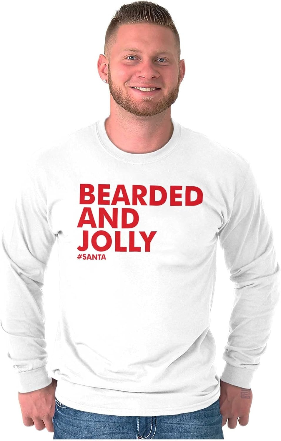 image:imageBrisco Brands Xmas Bearded and Jolly Hashtag Santa Mens Long Sleeve Tee T ShirtWhite
