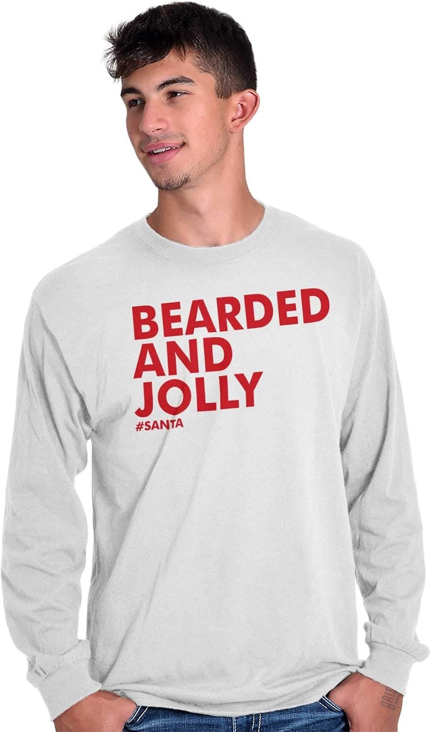 image:imageBrisco Brands Xmas Bearded and Jolly Hashtag Santa Mens Long Sleeve Tee T ShirtWhite