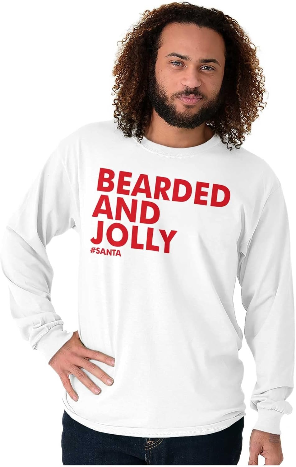 image:imageBrisco Brands Xmas Bearded and Jolly Hashtag Santa Mens Long Sleeve Tee T ShirtWhite