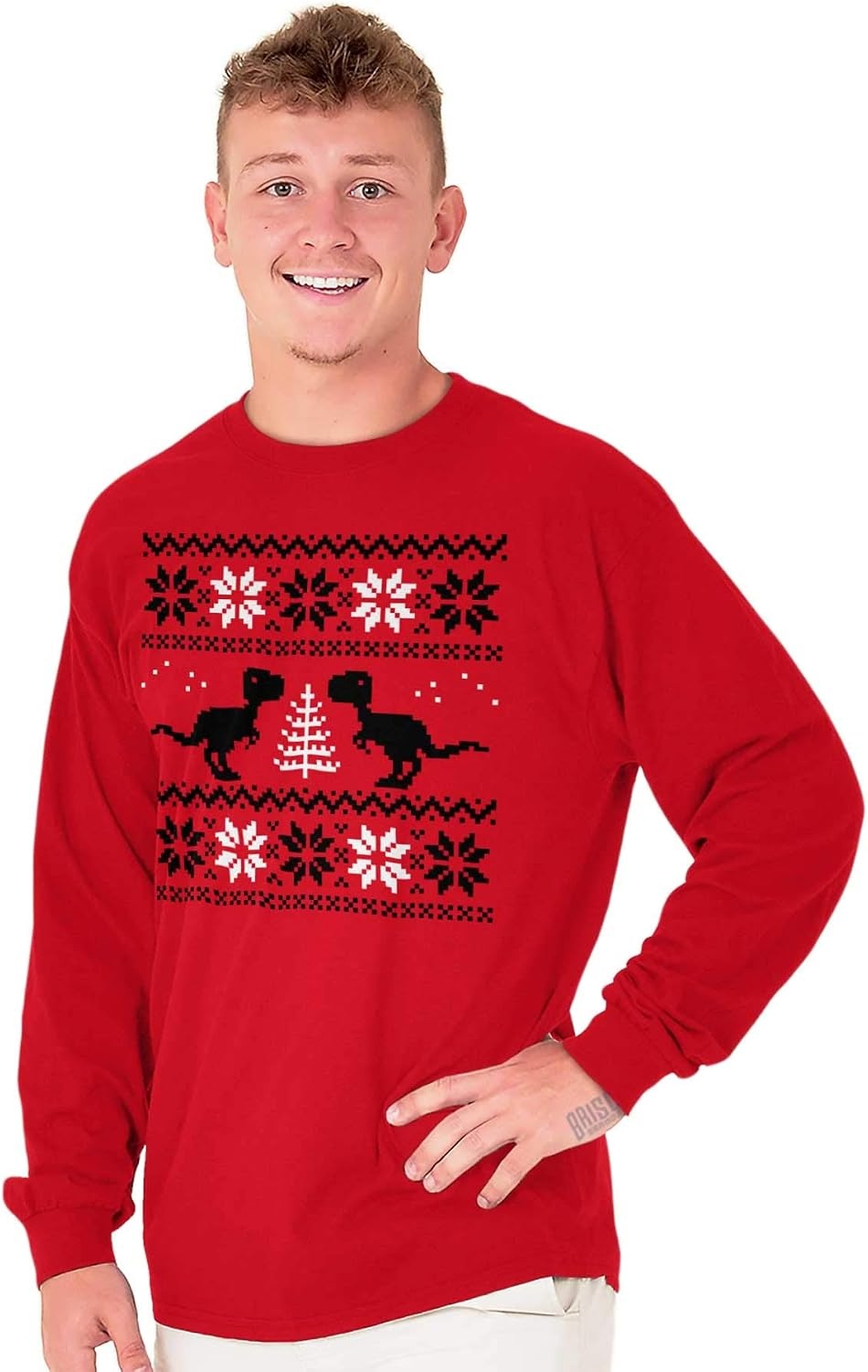 image:imageChristmas TRex Dinosaur Party Long Sleeve Tshirt Men WomenRed