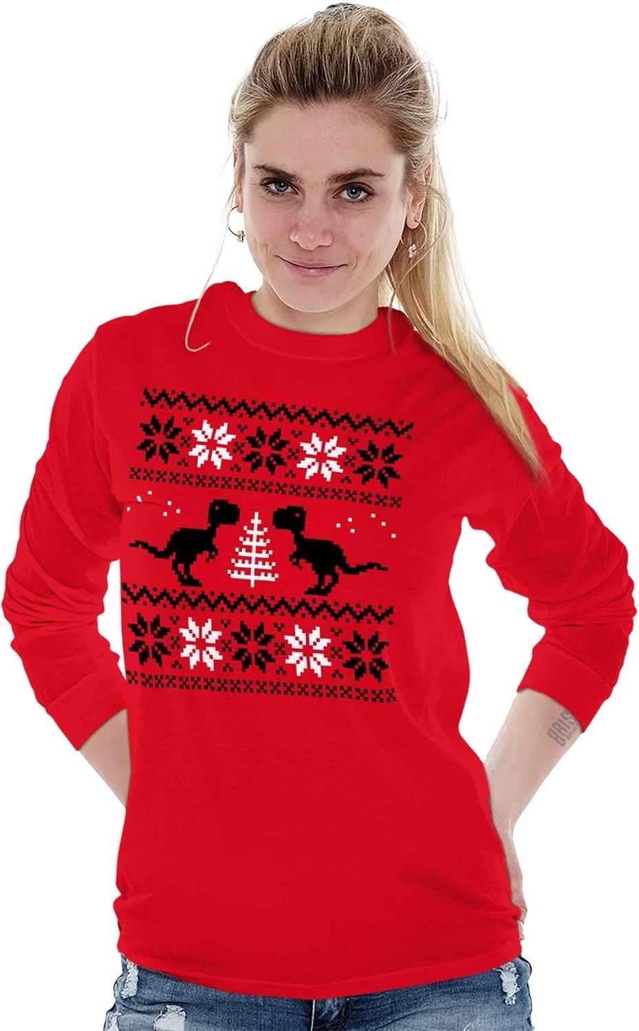 image:imageChristmas TRex Dinosaur Party Long Sleeve Tshirt Men WomenRed