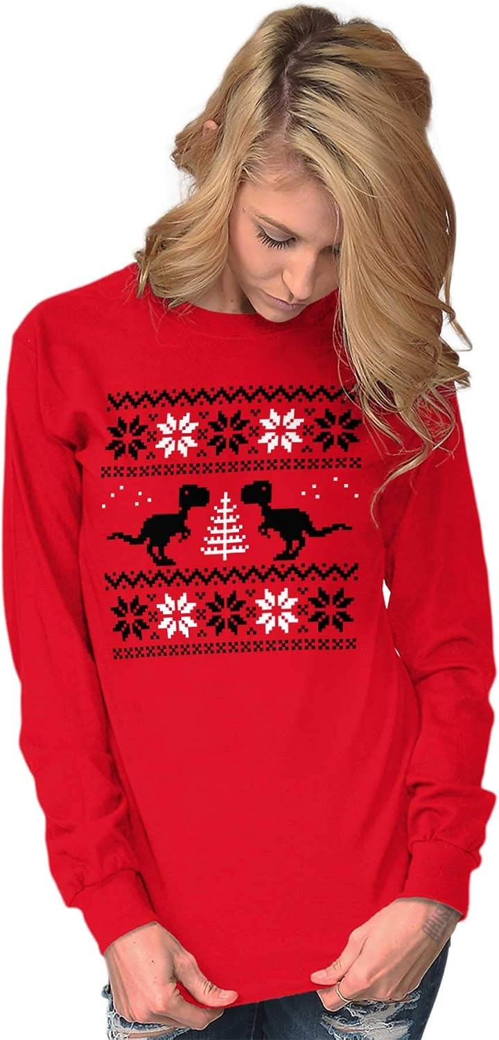 image:imageChristmas TRex Dinosaur Party Long Sleeve Tshirt Men WomenRed