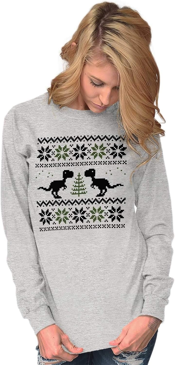 image:imageChristmas TRex Dinosaur Party Long Sleeve Tshirt Men WomenSport Grey