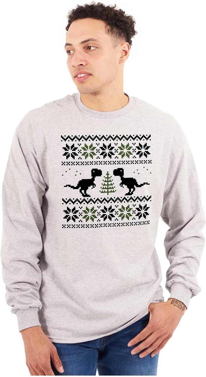 image:imageChristmas TRex Dinosaur Party Long Sleeve Tshirt Men WomenSport Grey