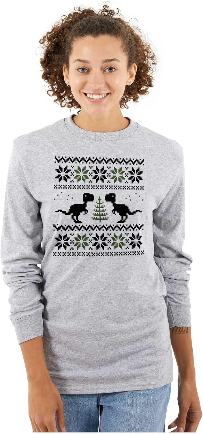 image:imageChristmas TRex Dinosaur Party Long Sleeve Tshirt Men WomenSport Grey