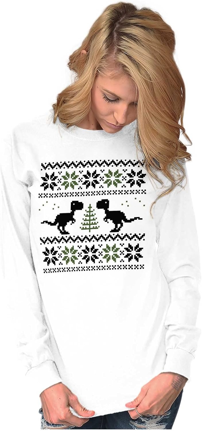 image:imageChristmas TRex Dinosaur Party Long Sleeve Tshirt Men WomenWhite