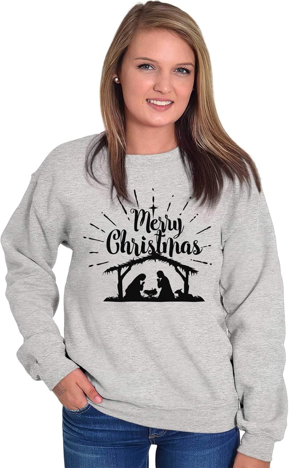 image:imageMerry Christmas Nativity Scene Jesus Women Crewneck SweatshirtSport Grey