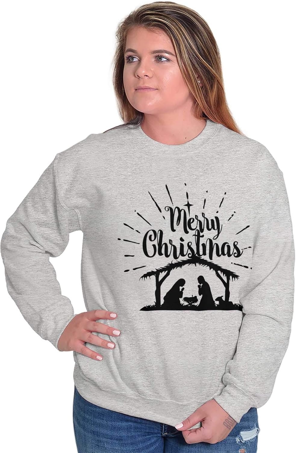 image:imageMerry Christmas Nativity Scene Jesus Women Crewneck SweatshirtSport Grey