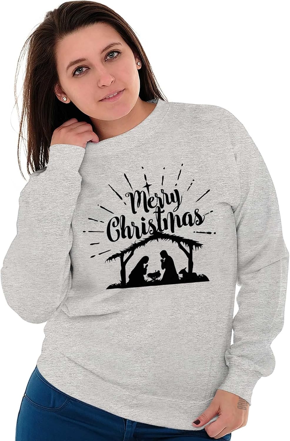 image:imageMerry Christmas Nativity Scene Jesus Women Crewneck SweatshirtSport Grey