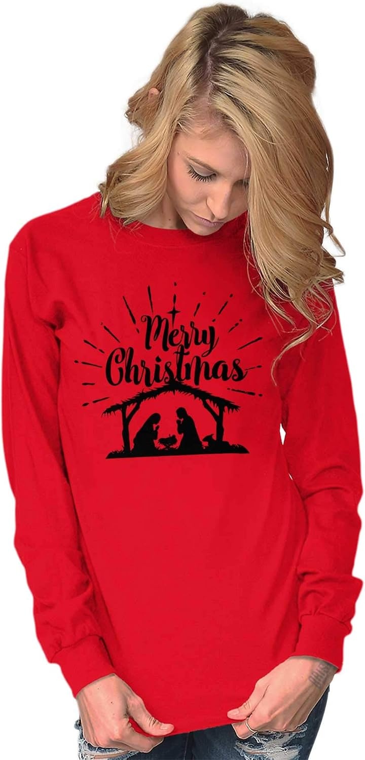 image:imageMerry Christmas Nativity Scene Jesus Womens Long Sleeve T ShirtRed