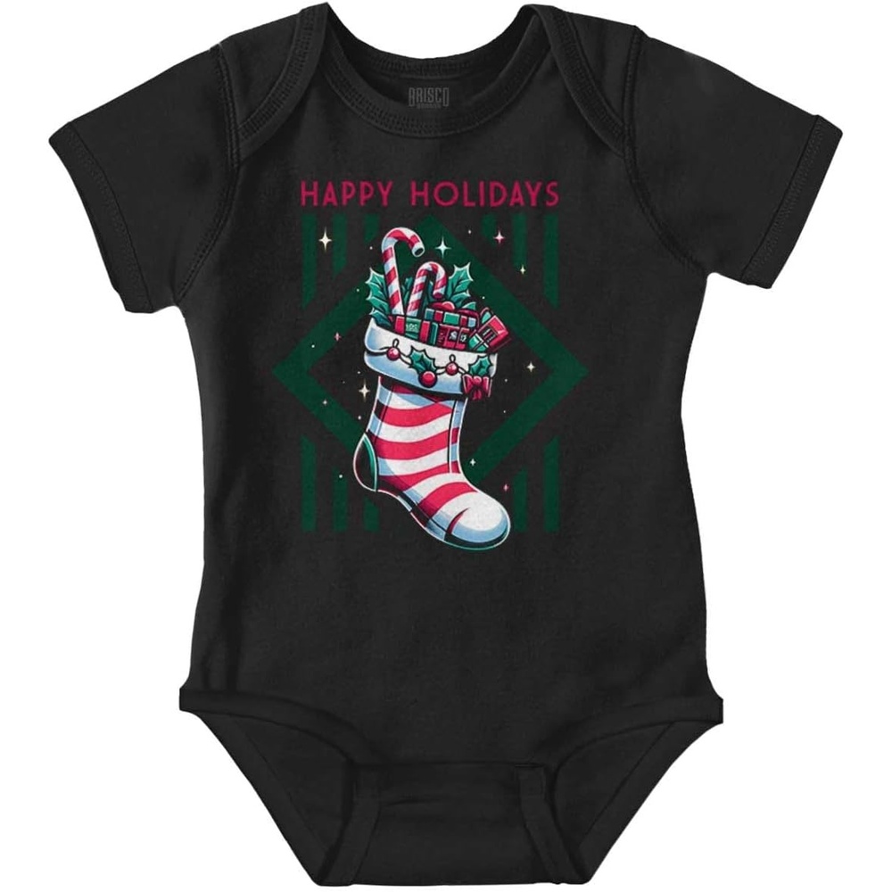 image:imageBrisco Brands Christmas Happy Holidays Stocking Baby Romper Boys or GirlsBlack