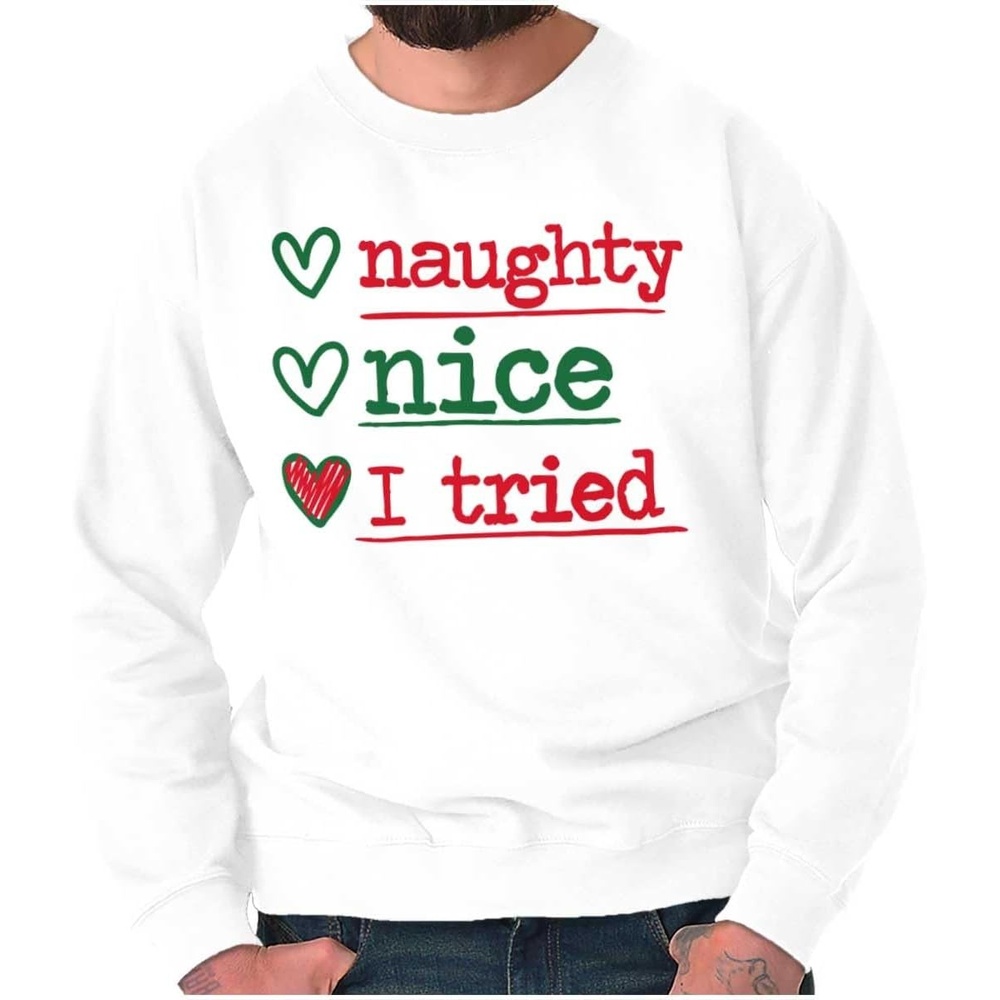 image:imageBrisco Brands Christmas Naught Nice I Tried Hearts Sweatshirt for Men or WomenWhite
