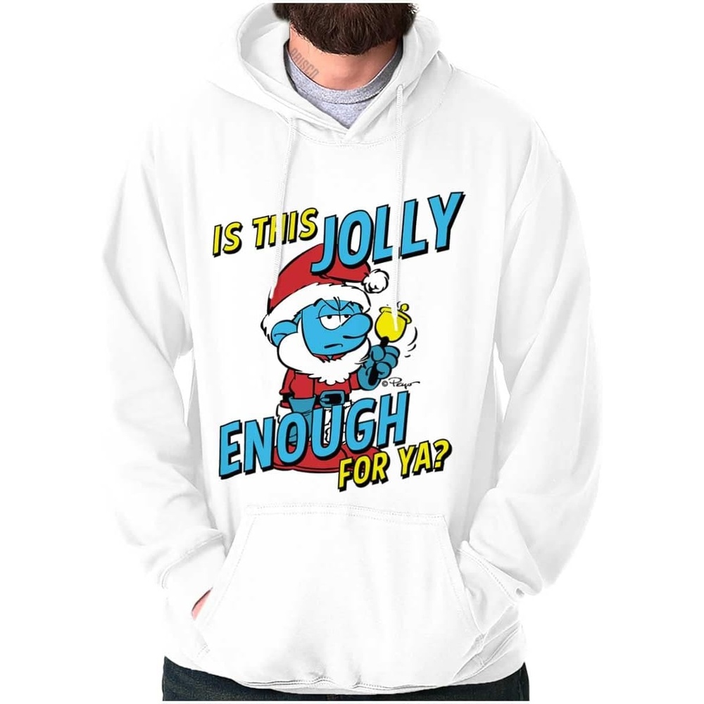 image:imageBrisco Brands Grumpy Smurf Jolly Enough Xmas Santa Hoodie Sweatshirt Women MenWhite
