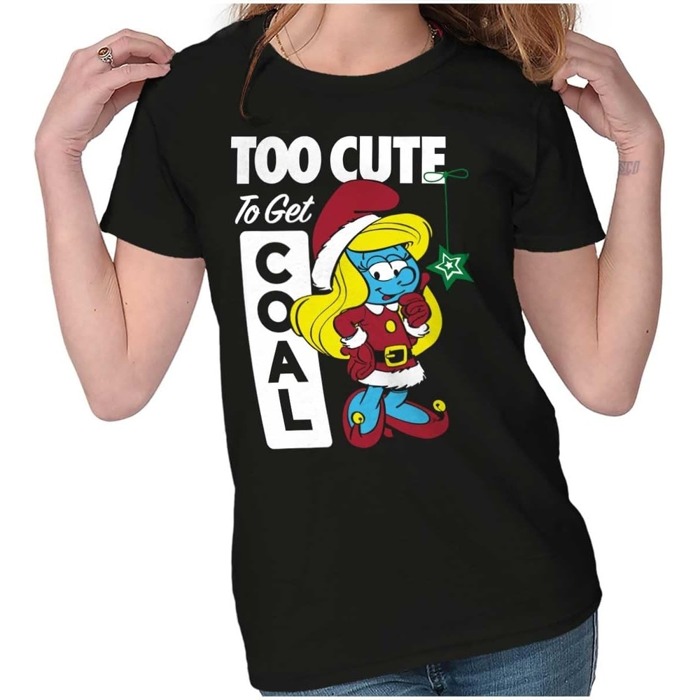 image:imageBrisco Brands Santa Smurfette Too Cute Christmas Womens Slim Fit Graphic TeeBlack