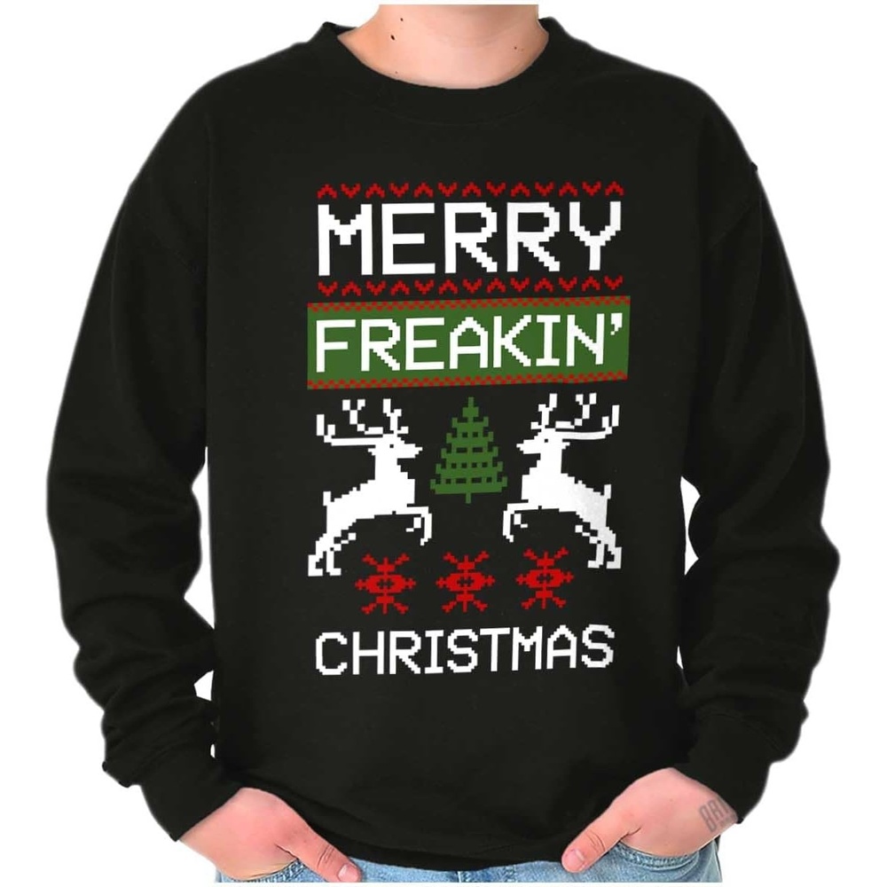 image:imageBrisco Brands Ugly Merry Freakin Christmas Pattern Sweatshirt for Men or WomenBlack