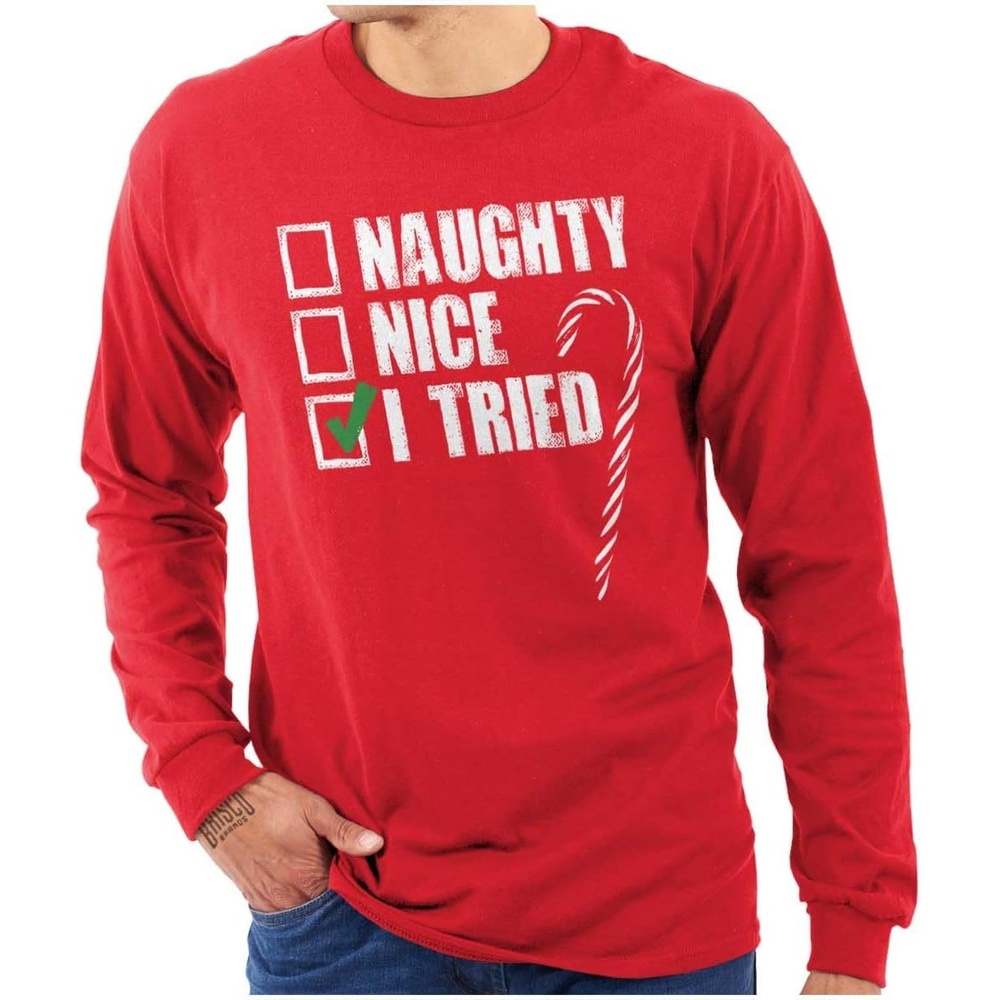 image:imageClassic Teaze Xmas Checklist Naughty Nice Tried Long Sleeve Tshirt Men WomenRed