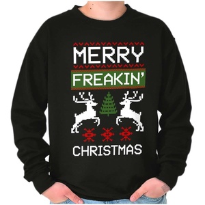Brisco Brands Ugly Merry Freakin Christmas Pattern Sweatshirt for Men or Women(Black)