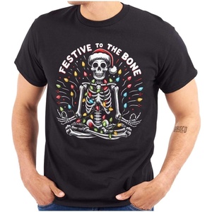 Brisco Brands Xmas Skeleton Festive to The Bone Graphic T Shirt Men or Women(Black)