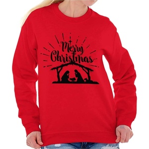 Merry Christmas Nativity Scene Jesus Women Crewneck Sweatshirt(Red)