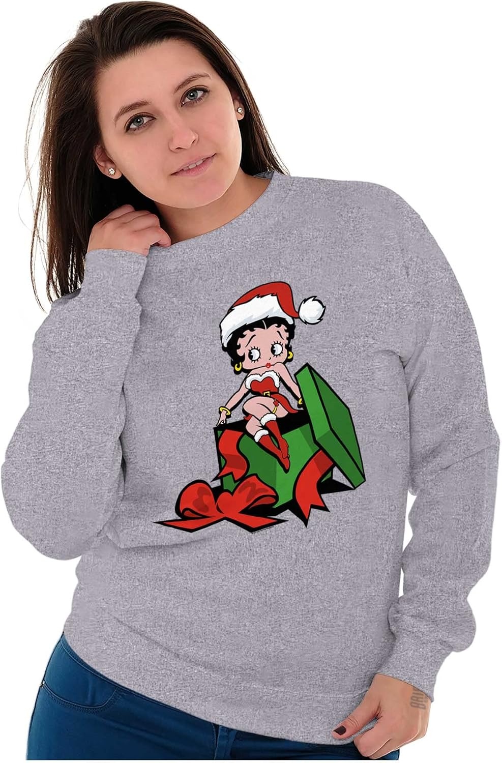 image:imageBrisco Brands Betty Boop Christmas Cute Holiday Women Crewneck SweatshirtSport Grey